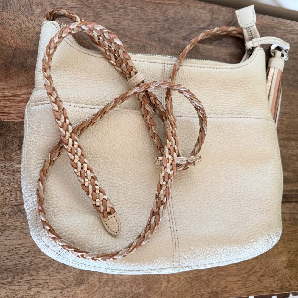 Brighton Barbardos Cream Pebble Leather Braided Strap Shoulder Bag Artisan Boho